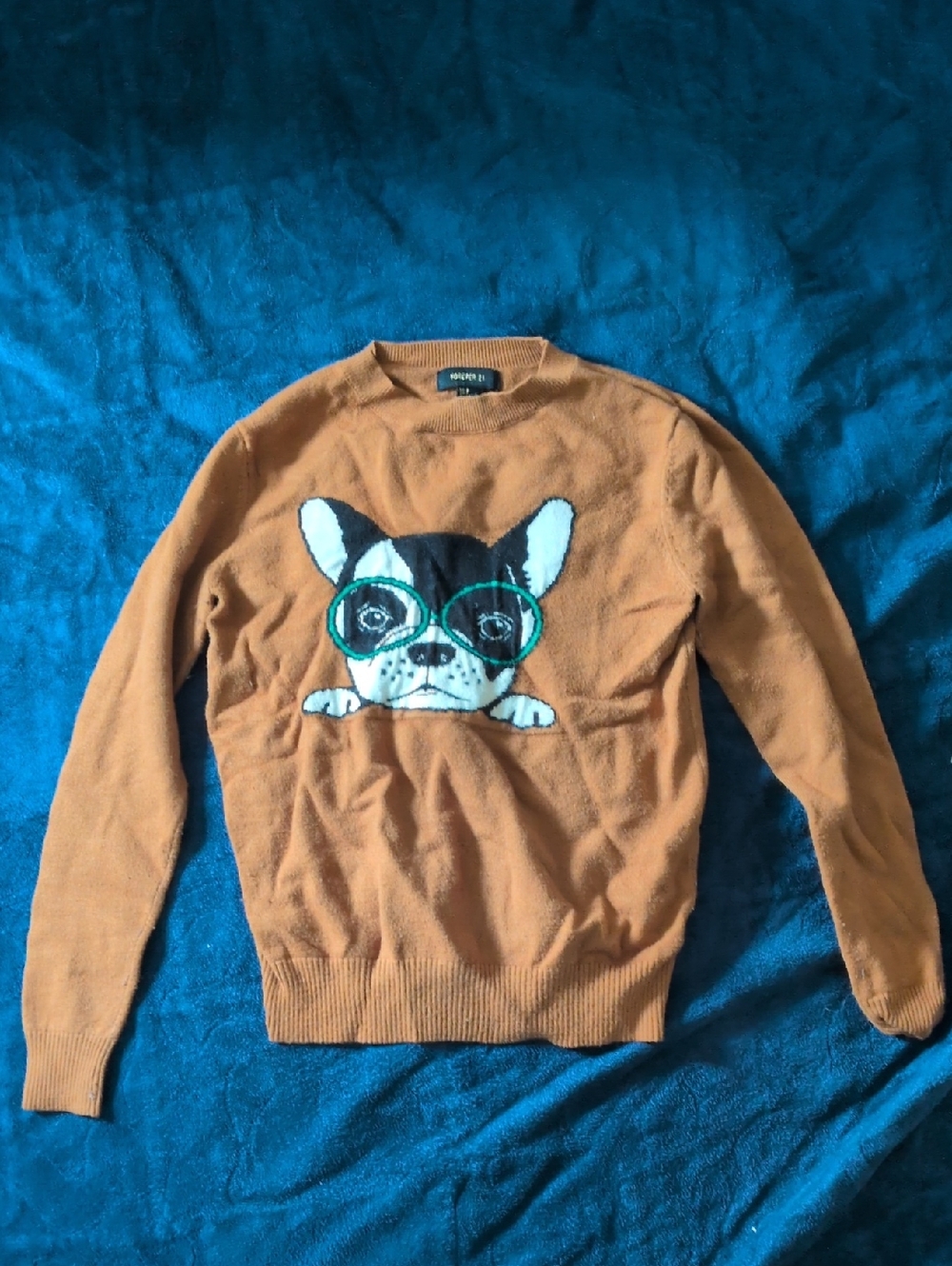 Forever 21 Women's Camel Crewneck Sweater with Dog Graphic